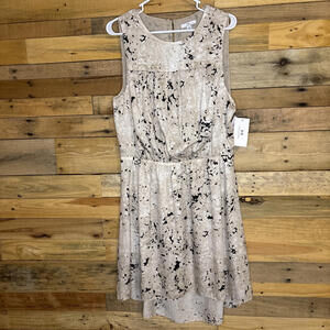 Halston Dress Women’s NWT Abstract Black Tan White Large Sleeveless Knee length